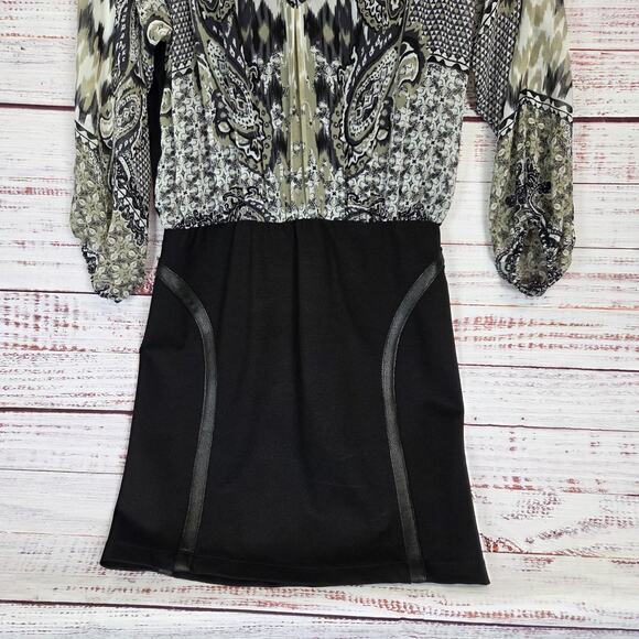 Hale Bob Paisley Mixed Media Mini Dress S Blouson Top Bodycon Skirt Puff Sleeve - Picture 4 of 13